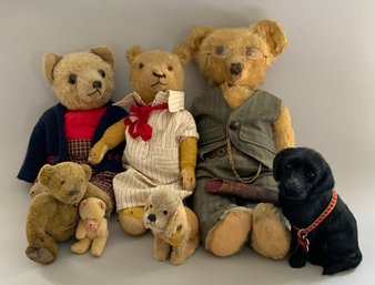 6  Mohair Teddy Bears & 1 Black Dog