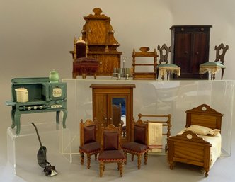 Lot Of Doll House Furniture, Bed, Chairs, Stove, Bureaus, Cabinets, Etc.