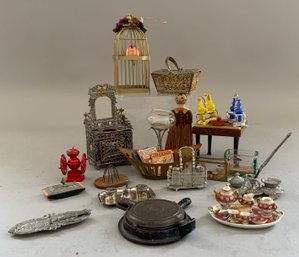 Lot Of Doll House Miniatures & Accessories, Cruet Sets, Inkwell, Birdcage 5 Tall, China, Etc.