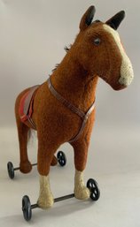 Vintage Wool-covered Horse-on-wheels