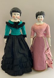 2  Black Hair Low Brow China Shoulder Head Dolls