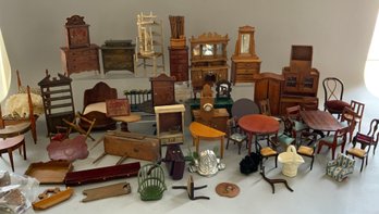 Lot Of Assorted Doll House Furniture, Bureaus, Chairs, Cupboards, Bed, Spinning Wheel, Etc. (as Is)