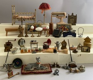 Lot Of Doll House Miniatures, Metal Items, Bed, Frames, Clock, Etc.