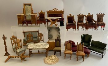 Lot Of Antique Doll House Furniture, Chairs, Tables, Beds, Some Leather Covered, Etc.