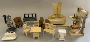 Lot Of Doll House Miniatures, Early Sink 6 Tall, Shower, Down Flush Toilet, Bathtub, Chairs, Etc,