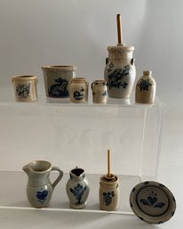 10 Pieces Of  Miniature Blue Decorated Stoneware, Crock, Jugs, Pitcher, Butter Churn, Etc.