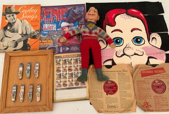 Box Lot Of Howdy Doody Figure, Poster, Gene Autrie Christmas Items, Etc.