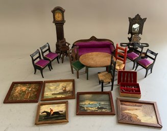 Lot Of Doll House Furniture, Biedermeier Chairs, Sofa, Mirror, Framed Miniature  Paintings, Clocks, Etc.