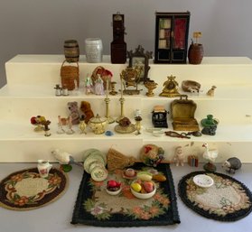 Lot Of Assorted Doll House Miniatures, Ormolu, Rugs, Animals, China, Plates, Etc.