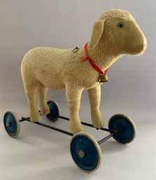 Large Lamb Probably Steiff On Iron Base With Blue Paint Rubber Wheels