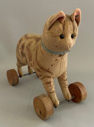 9  Long Steiff Wool Covered Cat On Wheels