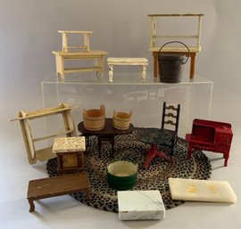 Lot Of Assorted Doll House Furniture, Tables, Stove, Bucket, Etc.