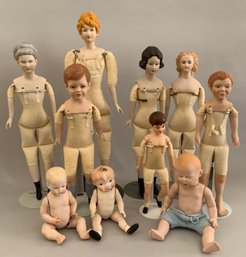 Lot Of 10 Bisque Head Artist Dolls