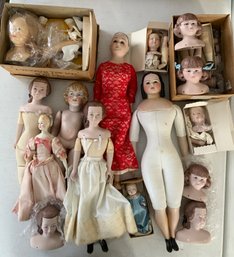 Large Box Lot Of Artist Dolls, Doll Kits, Heads, Legs, Etc.