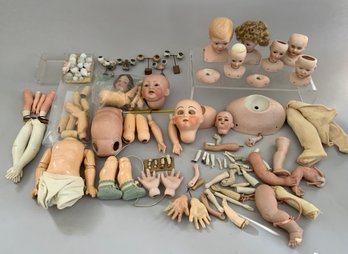2  Tray Lots Of Doll Heads & Parts, Etc., Antique & Modern