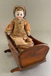 5  All Bisque Doll And Pine Cradle