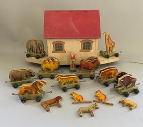English Noahs Ark Wood Pull Toy On Wheels