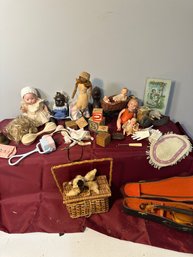 Large Opportunity Lot, Mini Violin, Basket With Dog, Dolls, Accessories And More