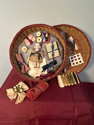 Antique Sewing Basket With Doll And Items Tied In