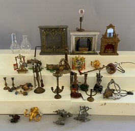 Lot Of Antique Doll House Miniatures, Lighting, Chandeliers, Fireplaces, Etc.