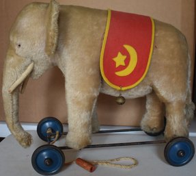 Steiff Blonde Mohair Elephant On Blue Wheels A & Metal Frame