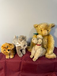 19 Mohair Jointed Bear, 3 Mohair Dogs, One With Steiff Button