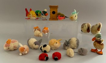 Lot Of 20 Steiff Small Wool Pom Pom Animals/ Wood Bird House, Etc.