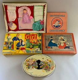 5  Sewing Sets, Bisque Baby Set In Presentation Box