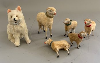 Lot Of 5 Small Fur Covered Wood Leg Sheep