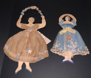 2  19th Century Cut Out & Hand Painted Paper Dolls