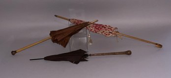 3  Parasols 21  25  Long, Carved Handles, Silk (frail), & Cotton
