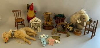 Opportunity Box Lot, Fur Covered Animals, Doll House Chairs, Felt Chicken, Etc.