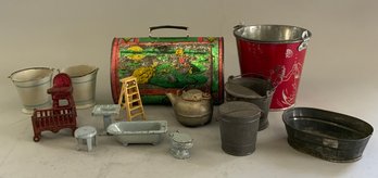 Assorted Tin & Cast Iron Toys, Doll House Furniture, Buckets, Etc.