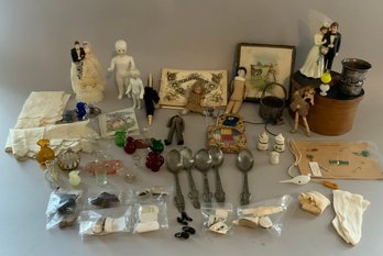 Opportunity Box Lot, Small Frozen Charlottes, Small China & Bisque, Parasol, Dionne Quints Spoons, Lace, Doll