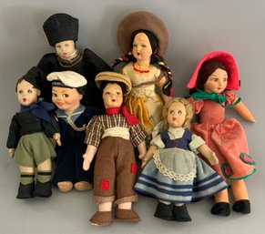 Lot Of 7 Molded Felt Cloth Dolls