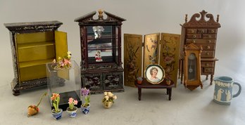 Lot Of Assorted Doll House Furniture & Miniatures, China Cabinet Is 7  Long