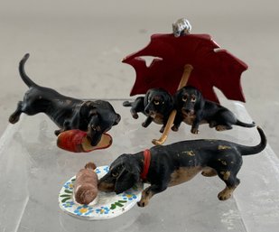3  Small Vienna Bronze Cold  Painted  Dachshund Figures About 2 Long