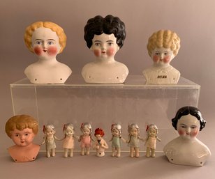 Lot Of 3 China Heads, 1  Parian Head, 1  Tin Head 3   5  Tall & 1  2  Half Doll & 6  2  All Bisqu