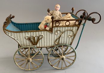 9 Long Marklin Doll Carriage With Small Bisque Doll