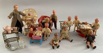 Lot Of Small Bisque/plastic Dolls, Carriages, Cradles, Etc., 1   4 Long
