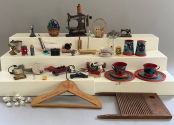 Lot Of Assorted Miniatures And Smalls, Sewing Machine, Tin Ware, Baskets, Etc.