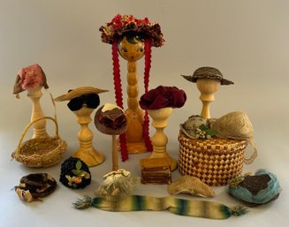 Lot Of 13 Assorted Doll Hats, Hat Box, 4 Miniature Leather Bound Books