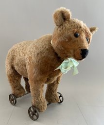 15 Steiff Mohair Bear On Metal Axle & Wheels