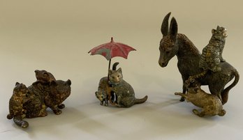 3  Small Vienna Bronze Cold Painted Cats, Donkey, Dog, & Kittens