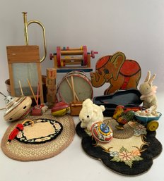 Lot Of Doll Accessories And Childrens Toys, Tops, Drum, Rugs, Etc.