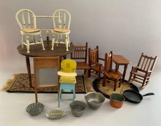 Lot Of Doll Furniture & Accessories & Miniatures, Chairs, Tables, Rugs, Etc.