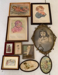 Lot Of Framed Doll & Children Related Items, Largest 16 Oval Brass Framed Child