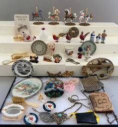 Lot Of Doll Smalls & Miniatures, Dresser Sets, Figures, Purses, Etc.
