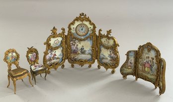 4 -  Pieces Of Antique Viennese Austrian Hand Painted Ormolu  Enameled Doll Furniture & Accessories