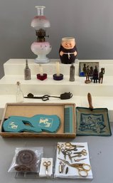 Lot Of Miniature Accessories, Oil Lamp 9 Tall, Tiny Scissors, Dresser Set, Metal Items, Etc.